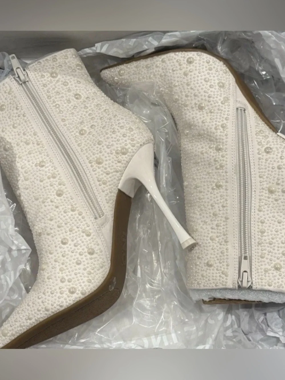 Pearl-Embellished Ivory Ankle Boots - Women's Fashion Booties